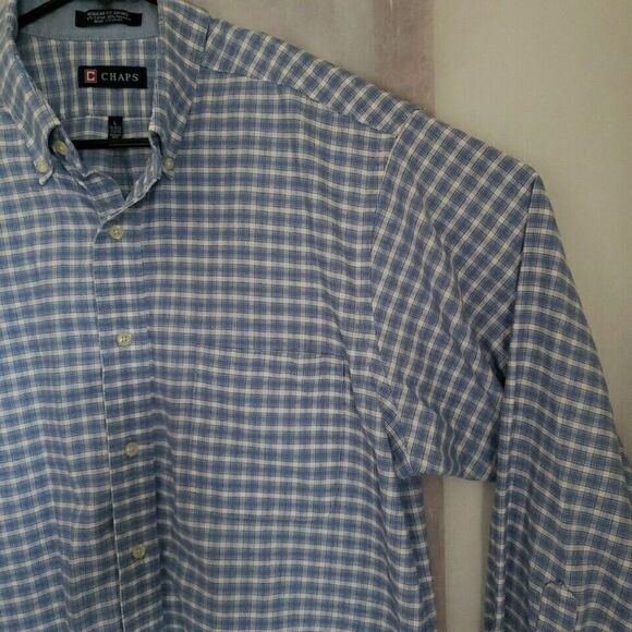 Chaps Mens Shirt Size L 16.5 Long Sleeve Button Up Blue Plaid Regular Fit Oxford - Picture 5 of 12